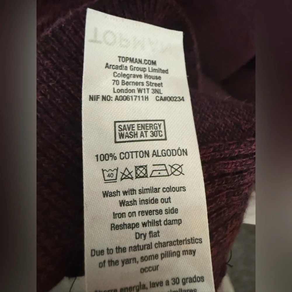 TOPMAN Crewneck Sweater Cotton Maroon Size Medium